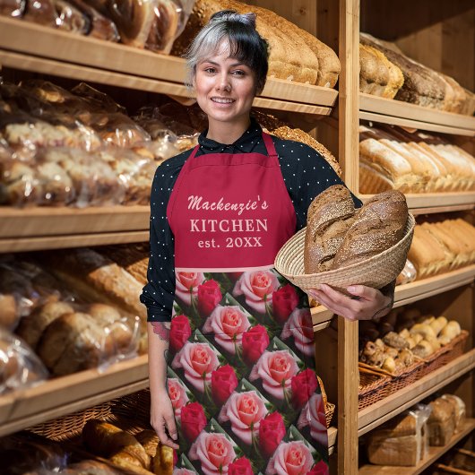 ピンクレッドフローラバラパターン名前をカスタムするエプロン エプロン