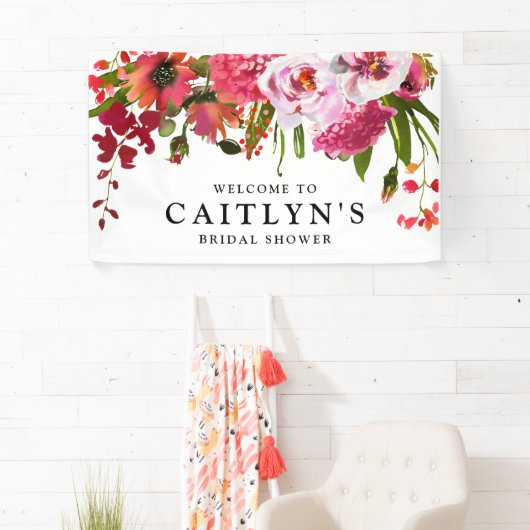 ピンクレッドフローラ水彩ブライダルシャワーへようこそ 横断幕 (インサイチュ)
