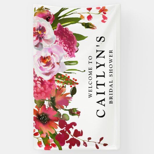 ピンクレッドフローラ水彩ブライダルシャワーへようこそ 横断幕 (縦)