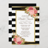 ピンクレッドフローラ白黒ストライプ金ゴールドブライダル 招待状 (正面/裏面)