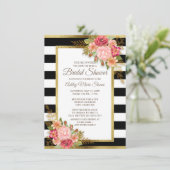 ピンクレッドフローラ白黒ストライプ金ゴールドブライダル 招待状 (スタンド正面)