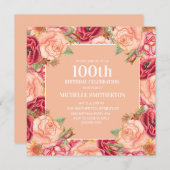 ピンクレッドフローラ100thバースデーパーティー女性 招待状 (正面/裏面)
