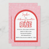 ピンクレッドベリースイートワンガール1st誕生日 招待状 (正面/裏面)