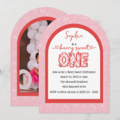 ピンクレッドベリースイートワンガール1st誕生日 招待状 (正面/裏面)