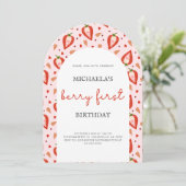 ピンクレッドベリーファースト誕生日アーチフォト 招待状 (スタンド正面)