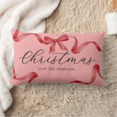 ピンクレッドボウファミリークリスマス ランバークッション (ブランケット)