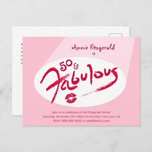 ピンクレッドリップスティック50と素晴らしい誕生日パーティー インビテーションポストカード (正面/裏面)