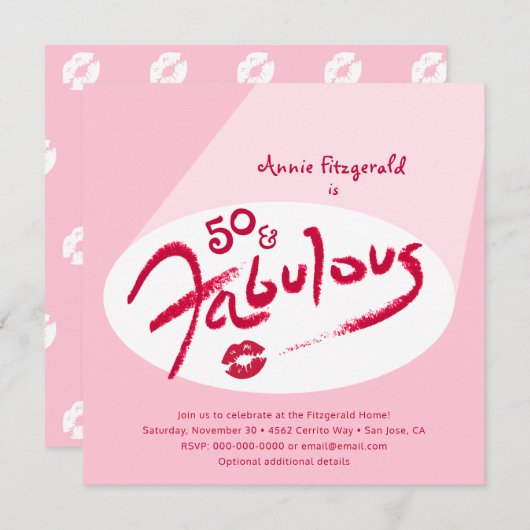 ピンクレッドリップスティック50素晴らしい誕生日パーティー 招待状 (正面/裏面)