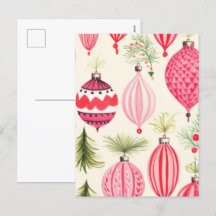 ピンクレッドレトロクリスマスオーナメント葉書