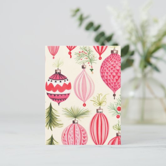 ピンクレッドレトロクリスマスオーナメント葉書 シーズンポストカード (スタンド正面)