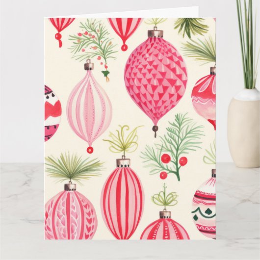 ピンクレッドレトロクリスマスオーナメント カード (正面)