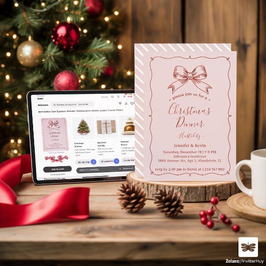 ピンクレッドレトロボウフランスのクリスマスディナー シーズンカード