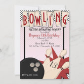 ピンクレッドレトロボーリングボウルナイトバースデーパーティー 招待状 (正面)