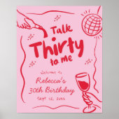 ピンクレッドレトロ図解入りの、写真付きの30誕生日ウェルカムサイン ポスター (正面)