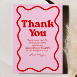 ピンクレッドレトロ波状縁どバースデーパーティー サンキューカード