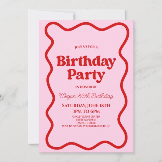 ピンクレッドレトロ波状縁どバースデーパーティー 招待状 (正面)