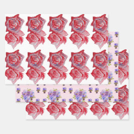 ピンクレッドローズバラフラワーウォーター絵画カラーのアート ラッピングペーパーシート