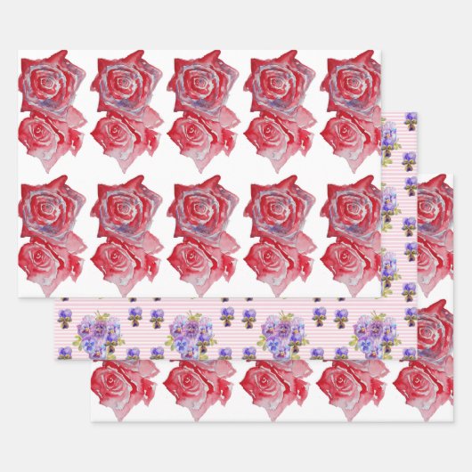 ピンクレッドローズバラフラワーウォーター絵画カラーのアート ラッピングペーパーシート (セット)