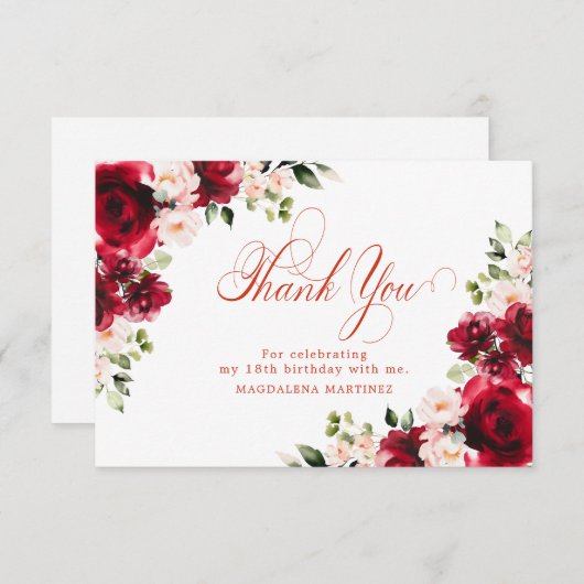 ピンクレッドローズフローラ18誕生日 パーソナライズされた サンキューカード (正面/裏面)