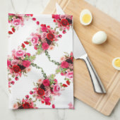 ピンクレッドローズモダンフローラテンプレート水彩 キッチンタオル (四つ折り)