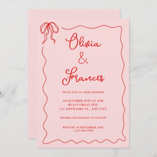 ピンクレッドヴィンテージ弓波状フレーム結婚式招待状 招待状 (正面/裏面)