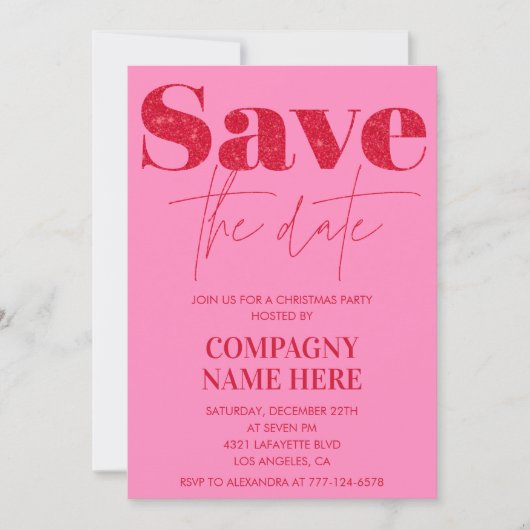 ピンクレッド会社クリスマスパーティー日付を保存 招待状 (正面)