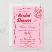 ピンクレッド図解入りの、写真付きのレトロヴィンテージブライダルシャワー 招待状 (正面)