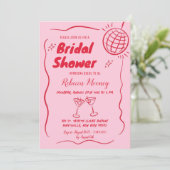 ピンクレッド図解入りの、写真付きのレトロヴィンテージブライダルシャワー 招待状 (スタンド正面)