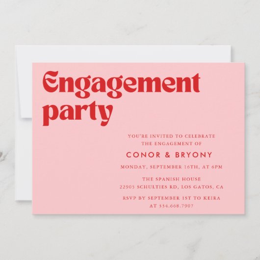 ピンクレッド婚約パーティ招待状 招待状 (正面)
