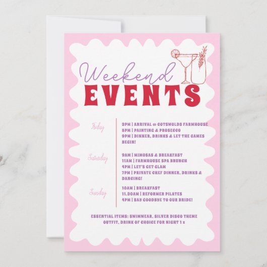 ピンクレッド波状バチェロレッテの旅程 招待状 (裏面)