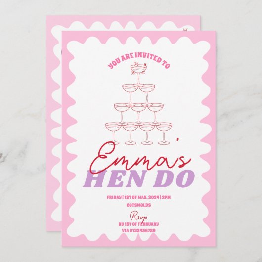 ピンクレッド波状バチェロレッテの旅程 招待状 (正面/裏面)