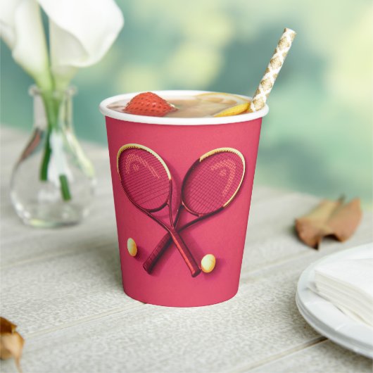 ピンクレッド誕生日パーティーラケット&ボールテニス 紙コップ (インサイチュ)