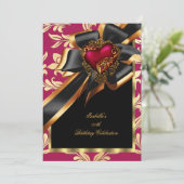 ピンクレッド金ゴールドハートボウブラックバースデーパーティー2 招待状 (スタンド正面)