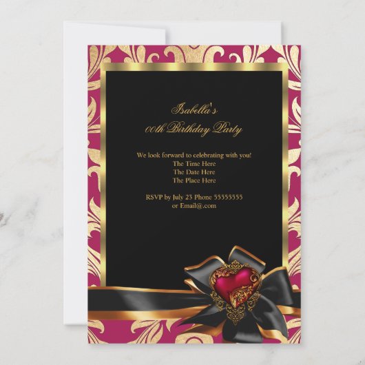 ピンクレッド金ゴールドハートボウブラックバースデーパーティー2 招待状 (裏面)