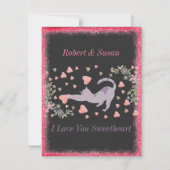 ピンクレッド黒ハートおもしろいかわいい猫バレンタインデー シーズンカード (正面)