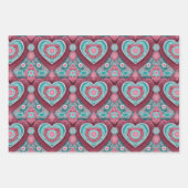 ピンクレッド&アクアバレンタインデーハート曼荼羅 ラッピングペーパーシート (正面3)