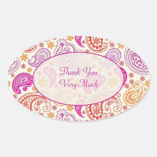 ピンクレッド&イエローペイズリーパターンデザイン 楕円形シール (正面)