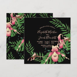 ピンクレディスリッパオーキッドリースオンブラック結婚ズ 招待状