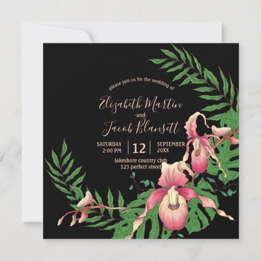 ピンクレディスリッパオーキッドリースオンブラック結婚ズ 招待状 (正面)