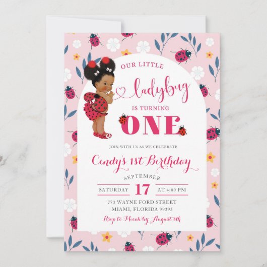 ピンクレディバグアフリカアフロガールファースト誕生日 招待状 (正面)