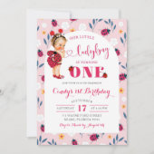 ピンクレディバグブロンドガールファースト誕生日招待状 招待状 (正面)