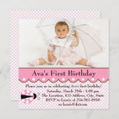 ピンクレディバグ女の子の写真1st誕生日パーティー 招待状 (正面/裏面)