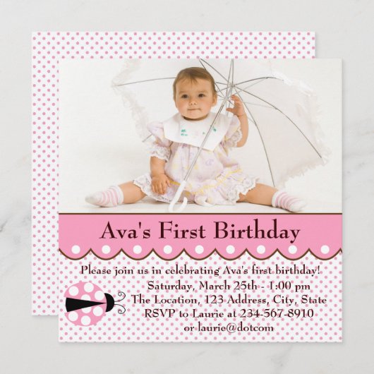 ピンクレディバグ女の子の写真1st誕生日パーティー 招待状 (正面/裏面)