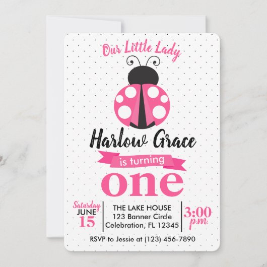 ピンクレディバグ水玉模様ガールズ誕生日 招待状 (正面)