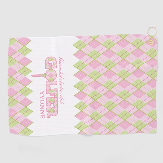 ピンクレディースゴルファーアーガイルタパーソナライズされたオル ゴルフタオル (横)