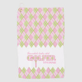 ピンクレディースゴルファーアーガイルタパーソナライズされたオル ゴルフタオル (正面)