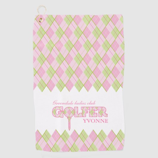 ピンクレディースゴルファーアーガイルタパーソナライズされたオル ゴルフタオル (正面)