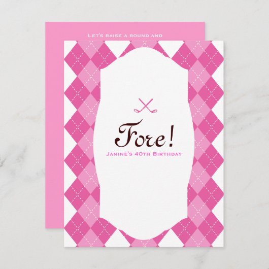 ピンクレディーズゴルフアーガイル柄のパーティー 招待状 (正面/裏面)