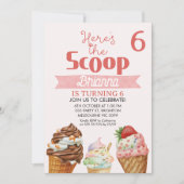 ピンクレトロこちらスクープのアイスクリーム誕生日 招待状 (正面)