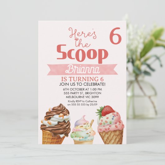 ピンクレトロこちらスクープのアイスクリーム誕生日 招待状 (スタンド正面)